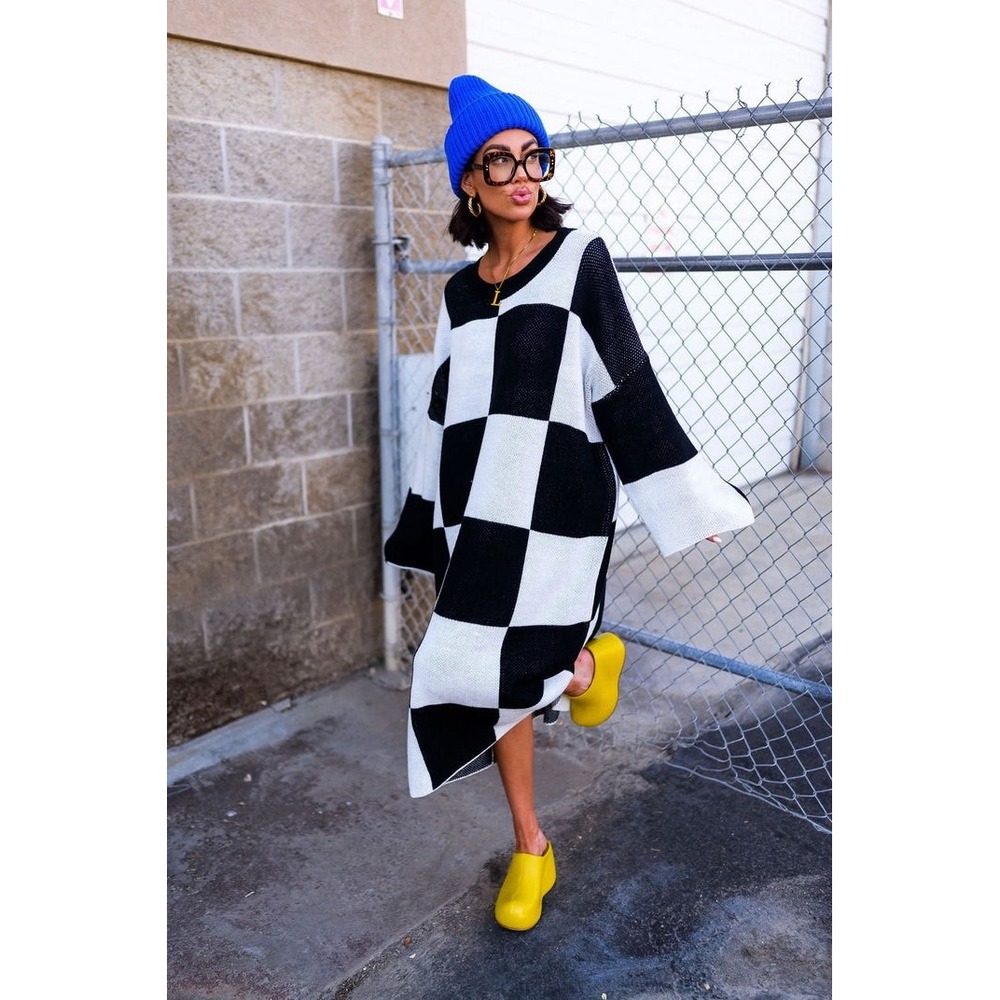 Dressed in LALA Literally Limitless Oversized Knit Dress Black White Check S/M